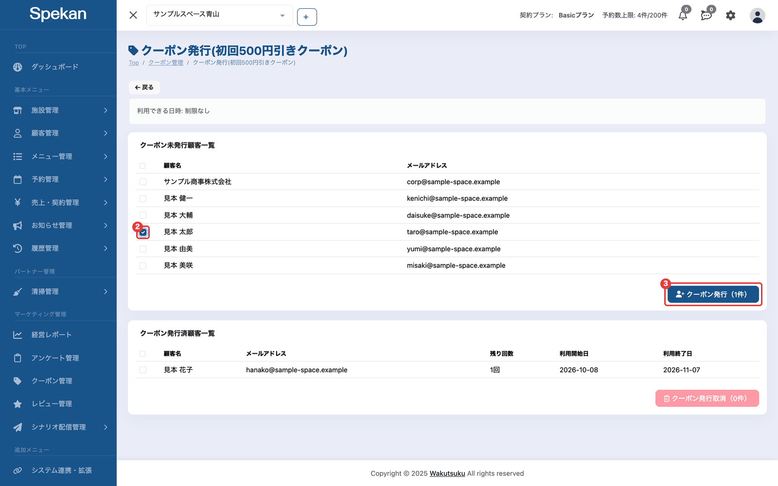 「クーポン発行」の画面。②「クーポン未発行顧客一覧」のチェックと、③「クーポン発行(1件)」ボタン