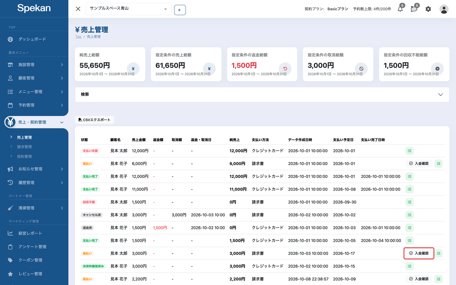 「売上管理」の一覧。「後払い」の行の右端にある「入金確認」ボタンを赤枠で示している